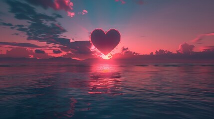 A romantic sunset captured within a heart made by hands, with vivid colors of the setting sun and a calm horizon.