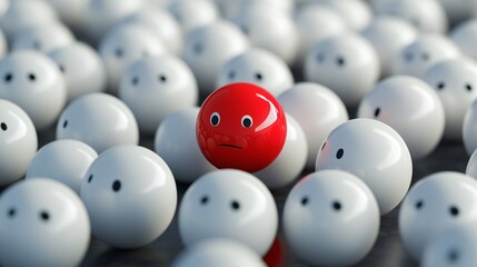 Sad red face standing out from the neutral white crowd: concept of diversity and uniqueness