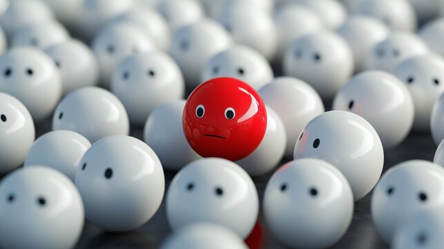 Sad red face standing out from the neutral white crowd: concept of diversity and uniqueness