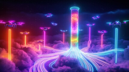 A breathtaking neon illustration of a glowing holographic tower stretching into the clouds. The tower is surrounded by hovering neon drones, while streams of vibrant light flow around its base, 