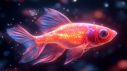 Futuristic glowing neon outline of a fish swimming against a sleek vibrant gradient background