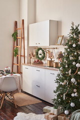 Christmas kitchen and table. Red, green and white decor christmas tree background. New Year celebration. Merry Christmas and Happy New Year.
