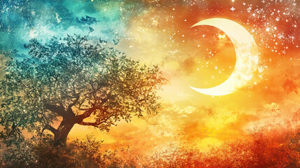big tree and crescent moon against gradient sunset sky and blue sky.