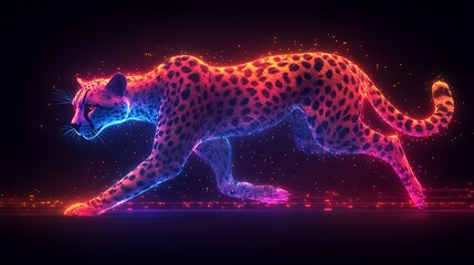 Glowing neon cheetah outline running on a colorful electric gradient background with abstract lines