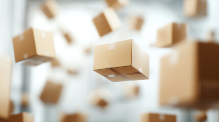 Fototapeta premium Floating cardboard boxes in a logistics warehouse, representing shipping and delivery.