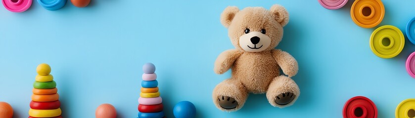 Obraz premium Baby kids toys frame background featuring teddy bears, colorful wooden educational and sensory stacking toys, playful arrangement on light blue background
