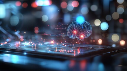 technological mind glowing with neural activity in a futuristic environment