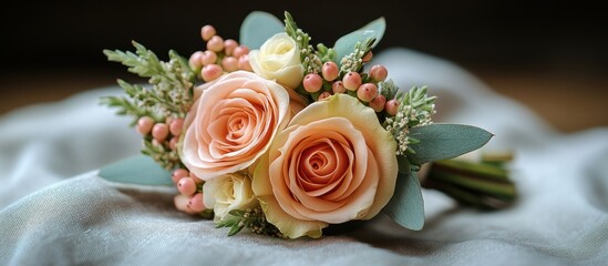 Peach roses and berries boutonniere on fabric.