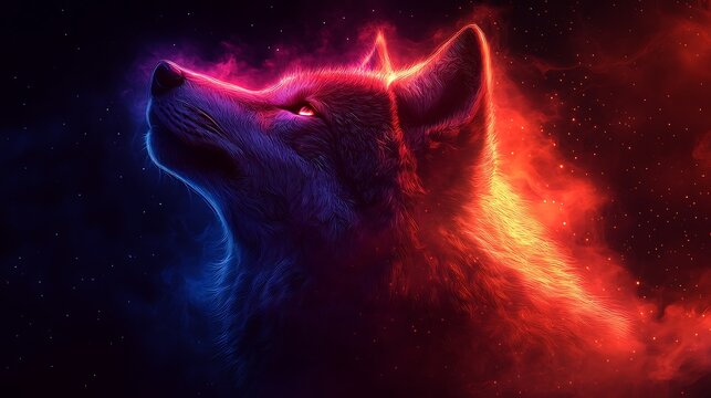 Colorful abstract gradient background with glowing neon outline of a wolf howling in modern style