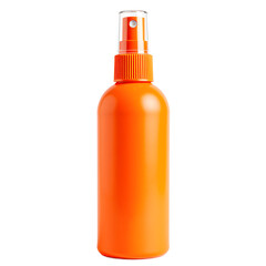 Front view of a orange hair spray bottle with no labels isolated on a white transparent background.