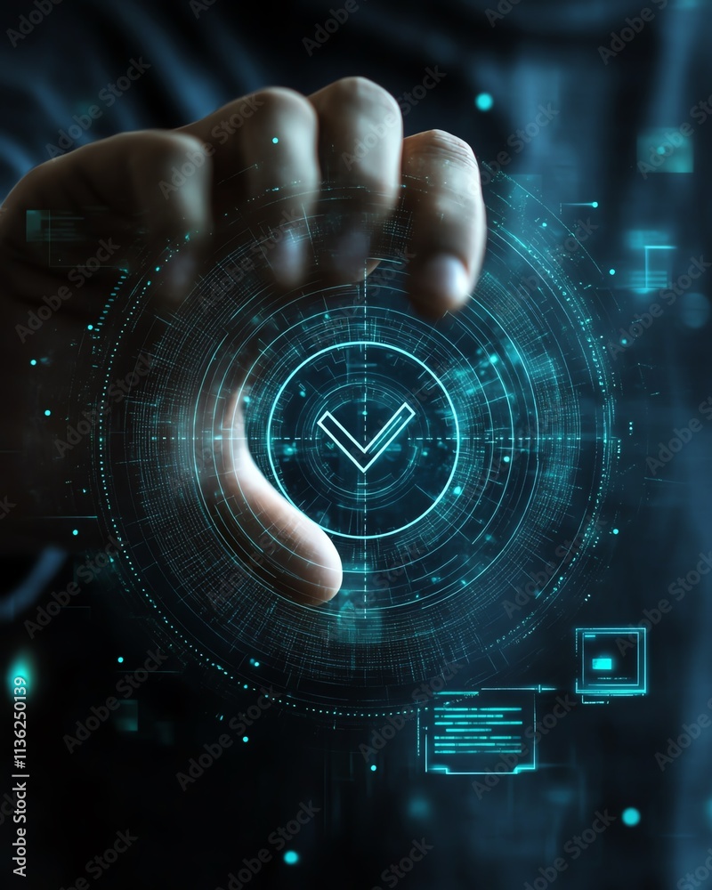 Aufkleber digital verification mark being touched by a man s hand, holographic check symbol, digital files and