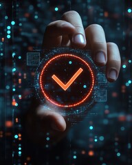 Digital verification mark being touched by a man s hand, holographic check symbol, digital files and documents, futuristic technology background