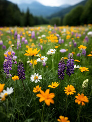Fototapeta premium Colorful wildflowers bloom in a serene mountain valley