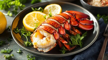 Freshly Cooked Lobster Tail with Lemon and Herbs on Plate