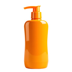 Front view of a orange sunscreen bottle with no labels isolated on a white transparent background.