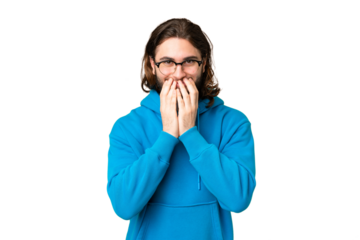 Young handsome man over isolated chroma key background happy and smiling covering mouth with hands