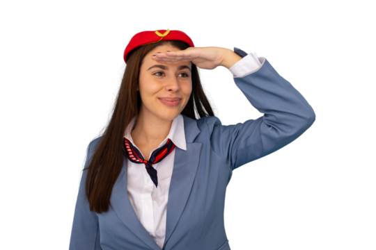 Elegant Latina flight attendant ready for service