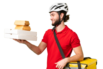 Young delivery man with thermal backpack over isolated chroma key background with happy expression