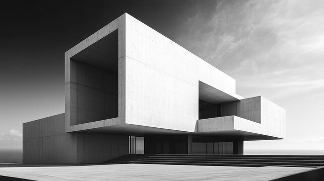 Monochrome architecture featuring clean lines and geometric forms against a dramatic sky