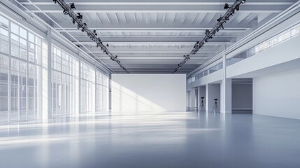 Professional studio space with symmetrical lighting tripods, an immaculate white backdrop, and an industrial-inspired ceiling design.