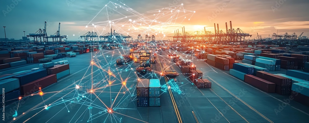 Poster global partner connection through business logistics concept, advanced technology interface, hightec