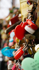 old rusty love locks on the bridge railing close up
