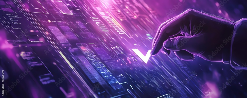 Aufkleber Interactive technology background featuring a man s hand touching a verification check mark, digital documents, and holographic elements
