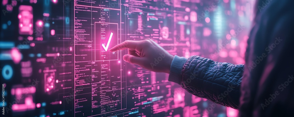 Poster Interactive technology background featuring a man s hand touching a verification check mark, digital documents, and holographic elements
