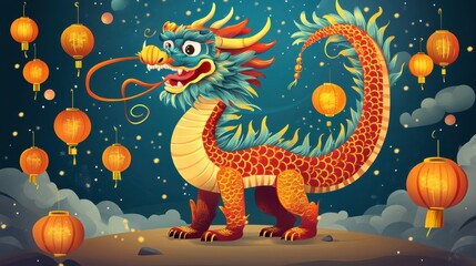 Fototapeta premium Colorful Dragon Surrounded by Lanterns for Festive Celebration