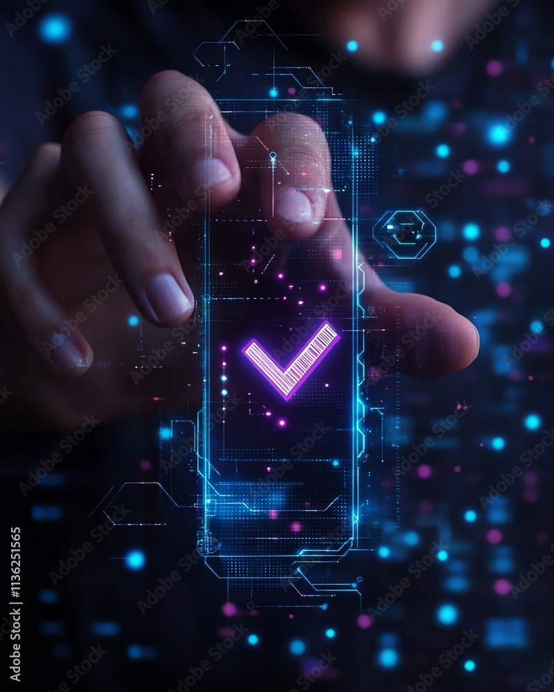 Aufkleber man s hand touching a check symbol, verification mark, digital files, hologram interface, technology