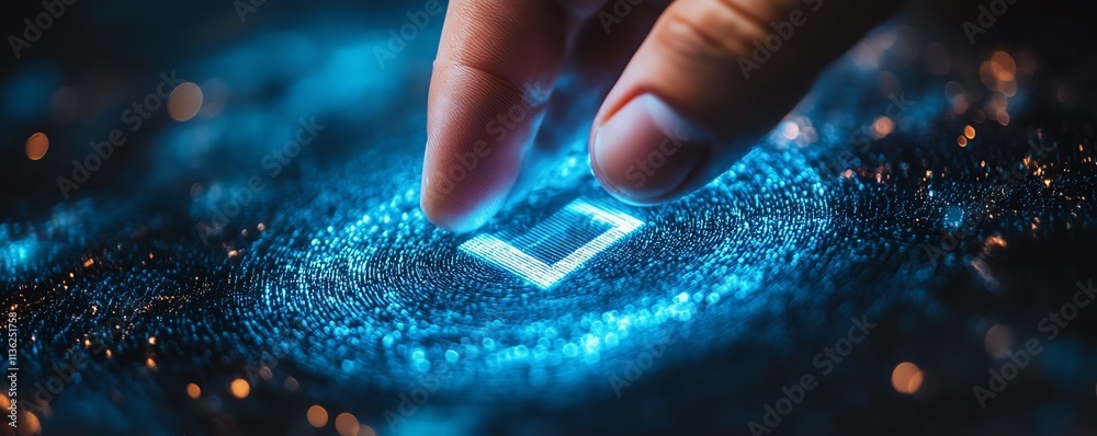 Aufkleber mans hand pressing verification check symbol, digital files, documents, and holograms, modern techno