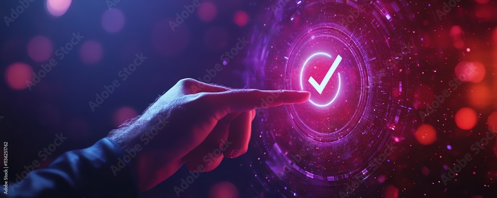 Aufkleber mans hand pressing verification check symbol, digital files, documents, and holograms, modern techno