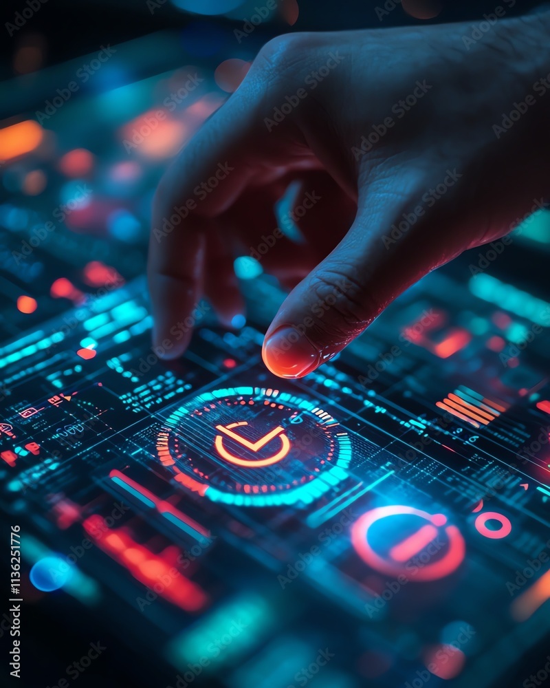 Aufkleber mans hand touching verification mark, check symbol, digital documents and hologram, technology backg