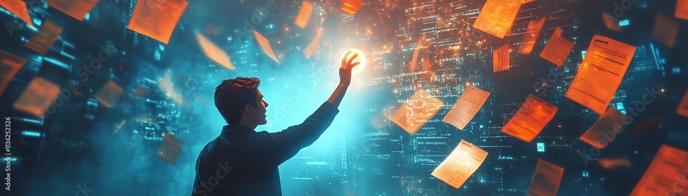 Aufkleber verification mark touched by a man s hand, surrounded by digital files and holographic documents, te