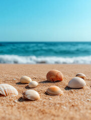 Colorful shells on sandy beach near ocean waves
