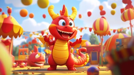 Fototapeta premium Playful Cartoon Dragon at Colorful Festival Celebration Scene