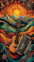 Obraz premium Colorful Accordion Guitar Artistic Creation Majestic Mountains Fantasy Scenery Vibes Illustration