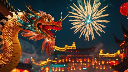 Fototapeta premium Colorful Dragon and Fireworks at Night Celebration