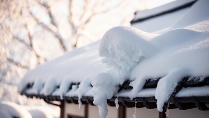 Snow accumulates on traditional roof during winter season