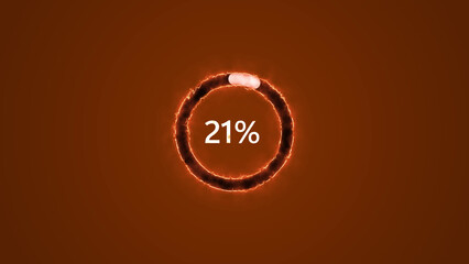 Glowing Circular Loading Progress Bar at 21% on Fiery Background, Perfect for UI Designs, Technology Interfaces, Download Screens, Gaming Progress Indicators, and Digital