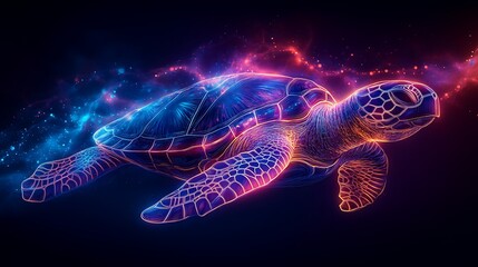 Neon glowing outline of a sea turtle with bright abstract lines on a colorful gradient background