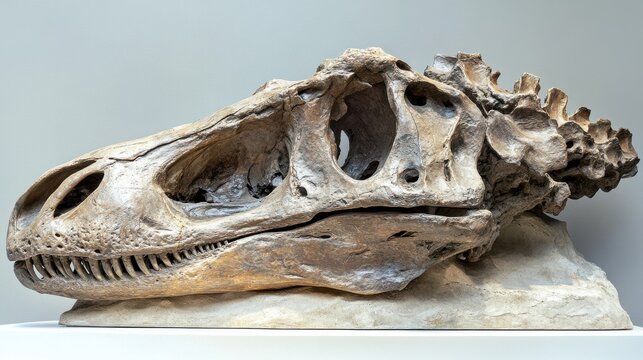 Fossilized Dinosaur Skull on Display in Museum Setting