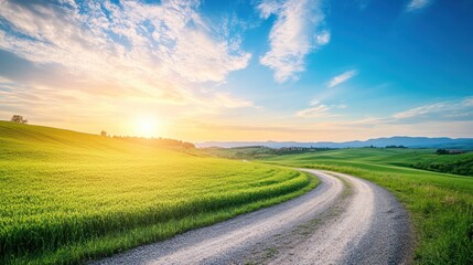 Obraz premium Sunset Country Road Winding Through Rolling Green Hills