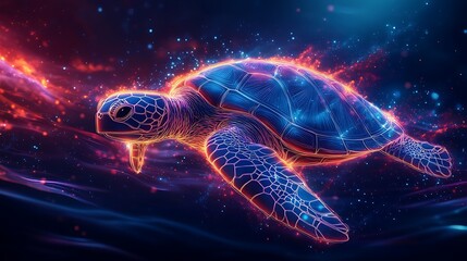 Neon glowing outline of a sea turtle with bright abstract lines on a colorful gradient background