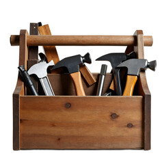 Front view of a rustic wooden toolbox filled with assorted hand tools isolated on a white transparent background.