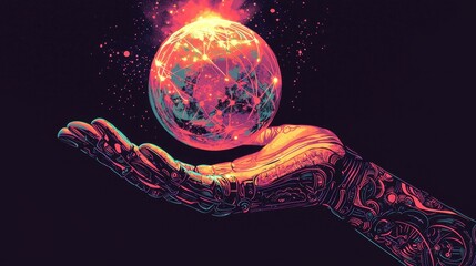 A dramatic illustration of a giant robotic hand gently holding a glowing globe. The intricate designs on the hand and the vibrant light emanating from the globe symbolize the impact of technology 