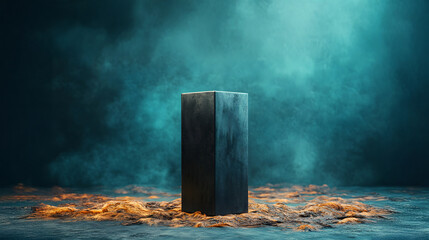 Mysterious podium emerges from mist unveiling secrets of the unknown surreal environment cinematic viewpoint