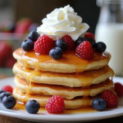 Stacked Pancakes with Whipped Cream and Mixed Berries