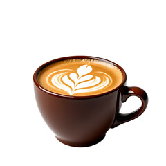 Front view of a steaming cup of coffee with latte art isolated on a white transparent background.