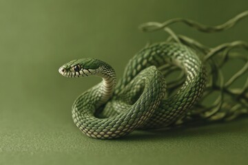 Fototapeta premium Minimalistic side view of green snake on solid background for nature and wildlife designs